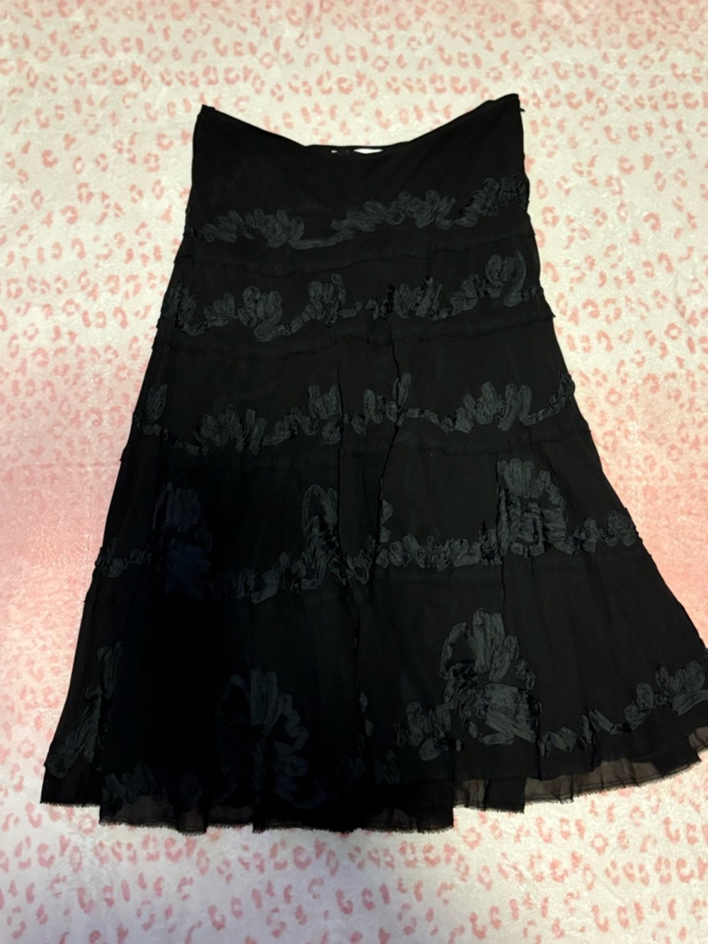NICOLE FARHI Black A-Line Tiered Skirt with Floral Appliqué